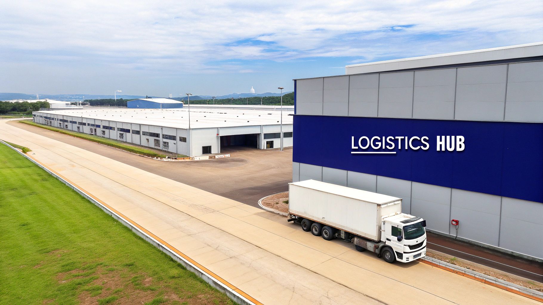 Aerial view of a white semi-truck entering a modern logistics hub with multiple warehouses under a cloudy sky.