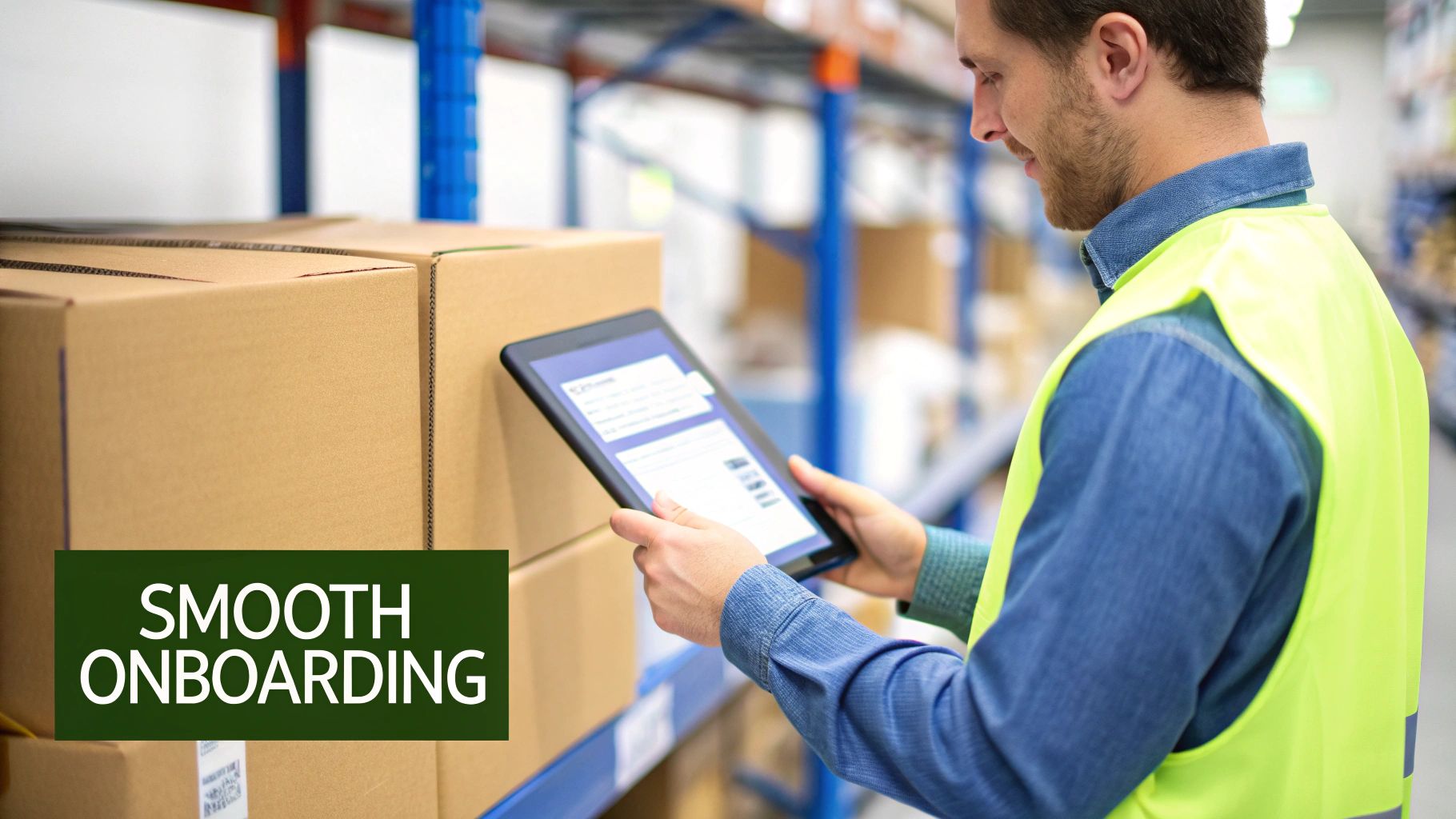 A logistics worker in a safety vest uses a digital tablet near cardboard boxes in a warehouse.