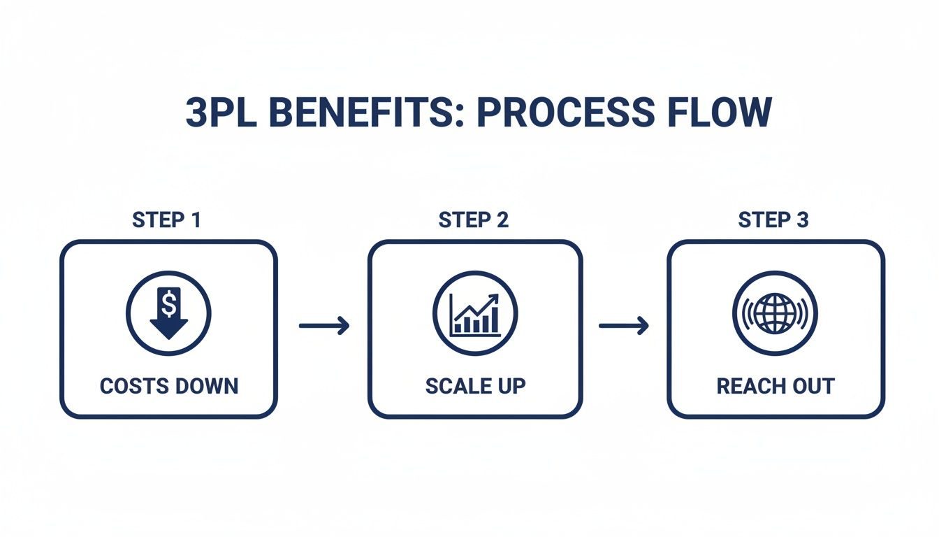 Process flow chart illustrating 3PL benefits: reducing costs, scaling operations, and expanding global reach.
