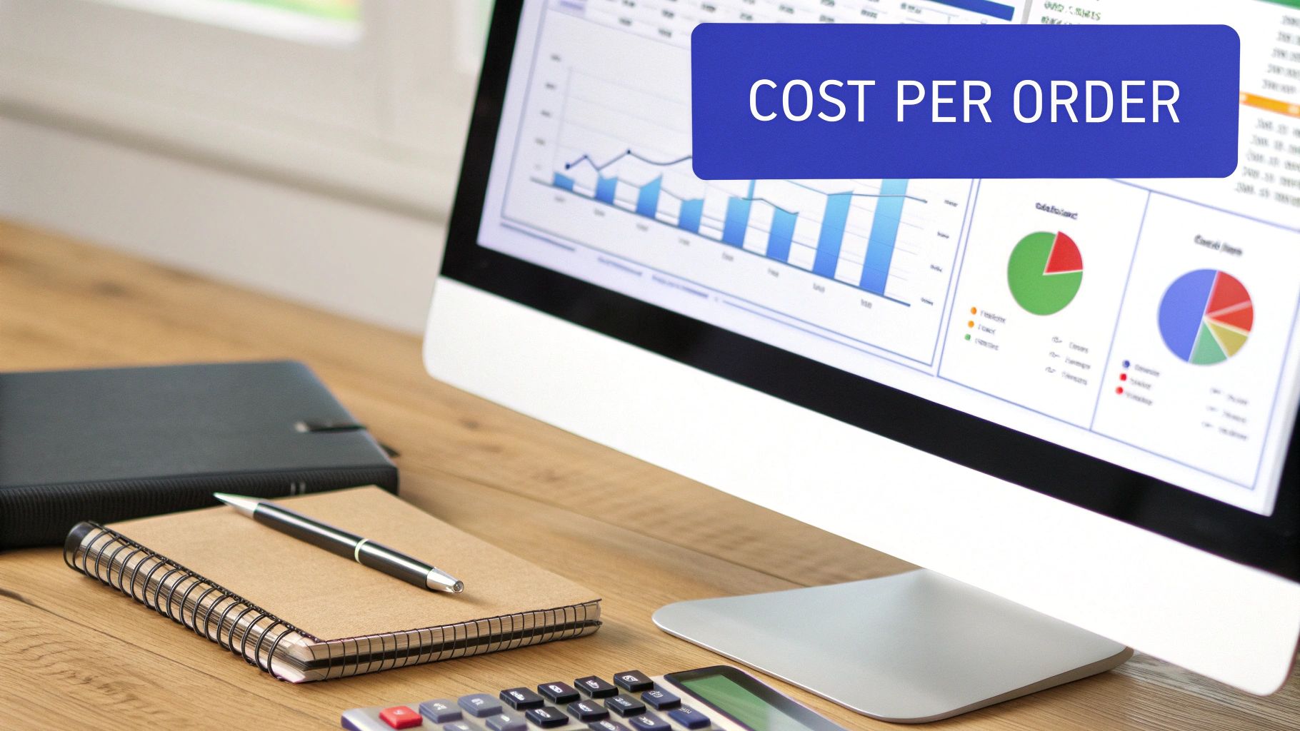 A computer monitor displays business analytics with a ‘COST PER ORDER’ banner, a notebook, and a calculator on a desk.