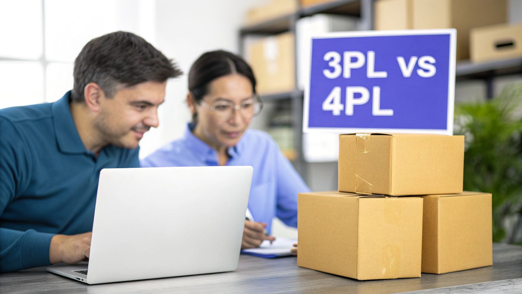 Two logistics professionals discuss shipping solutions on a laptop, with cardboard boxes and a ‘3PL vs 4PL’ sign.