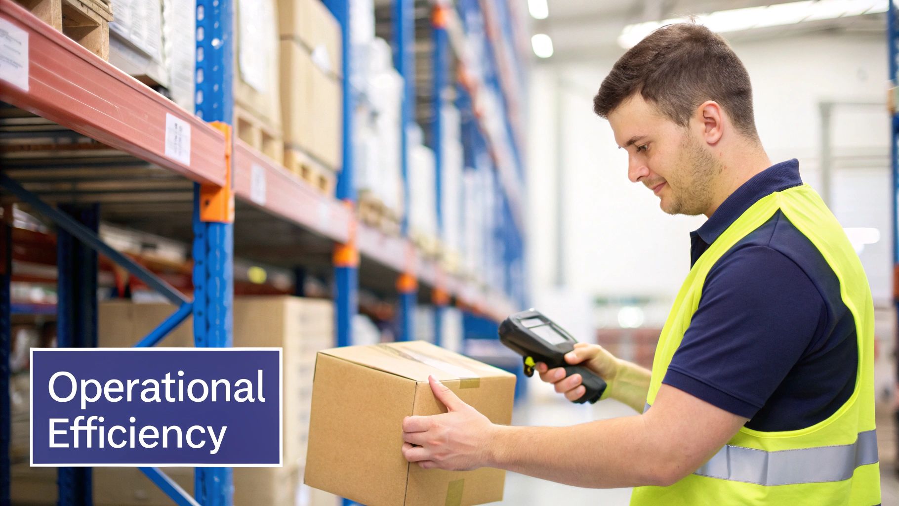 A warehouse worker scans a cardboard box with a barcode scanner, enhancing operational efficiency.