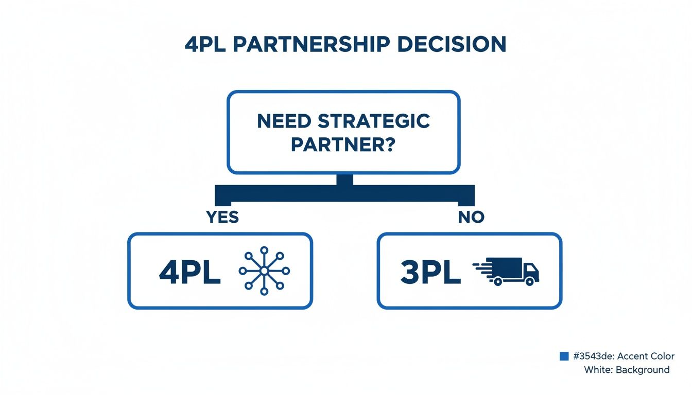 A decision tree diagram illustrating the choice between 4PL and 3PL based on strategic partnership needs.