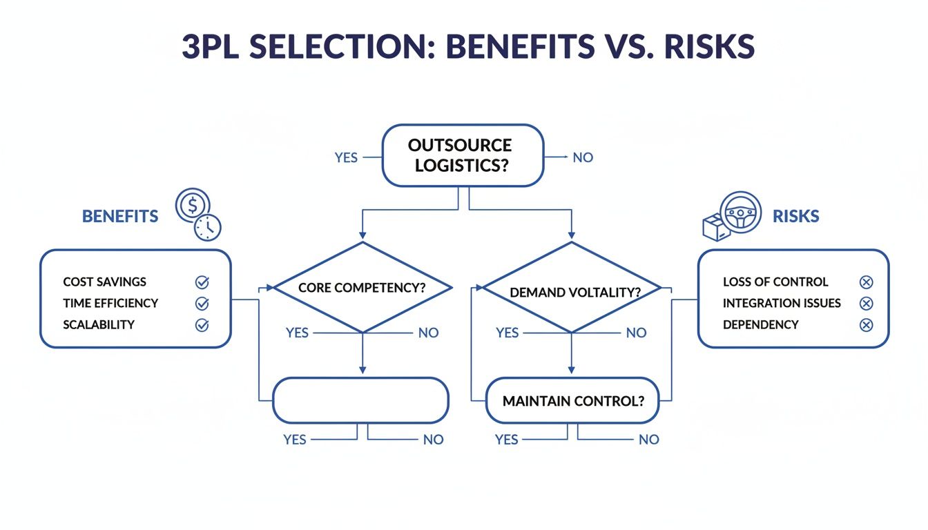 Flowchart detailing 3PL selection, weighing benefits like cost savings and scalability against risks such as loss of control and dependency.