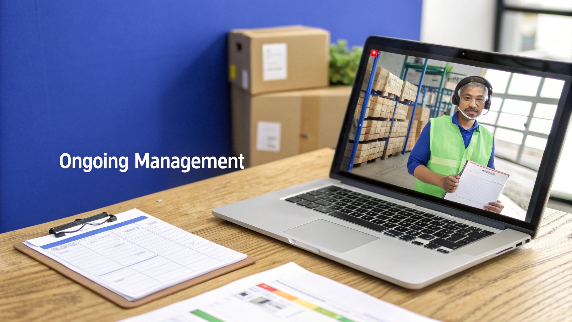 A laptop displays a man in a warehouse on a video call, symbolizing ongoing logistics management.