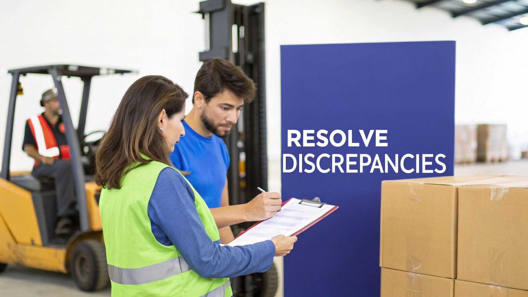 Warehouse workers resolve discrepancies, reviewing a clipboard next to a forklift and cardboard boxes.