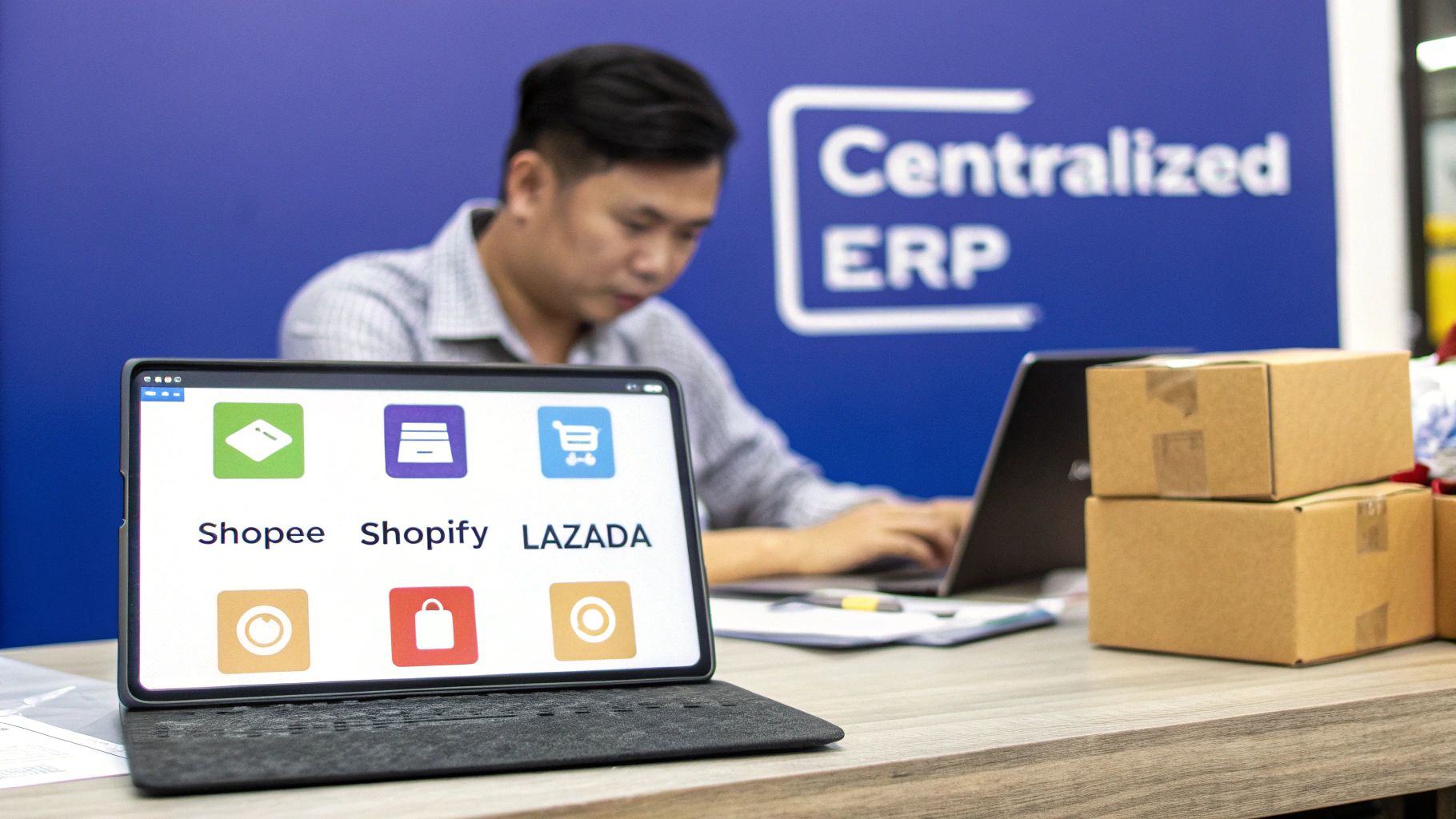 Man managing e-commerce platforms like Shopee, Shopify, Lazada on a tablet with Centralized ERP.