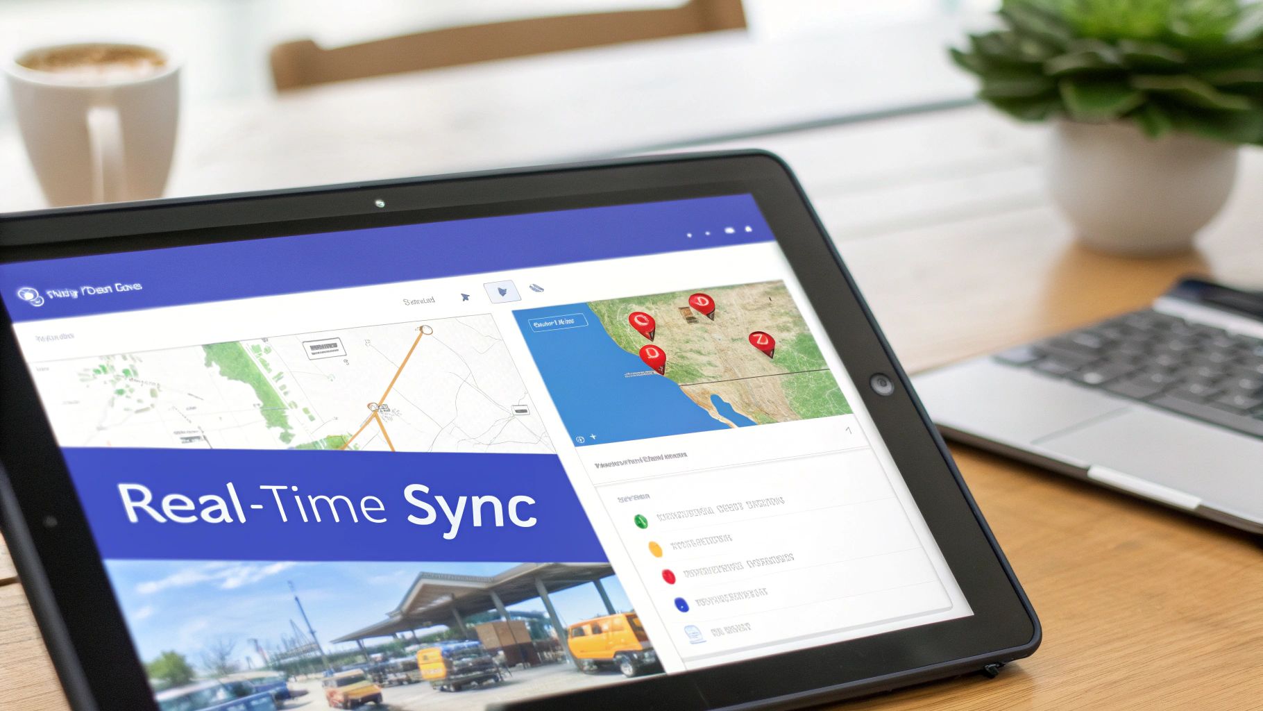 A tablet displaying a &lsquo;Real-Time Sync&rsquo; application with maps, location pins, and data on a wooden desk.
