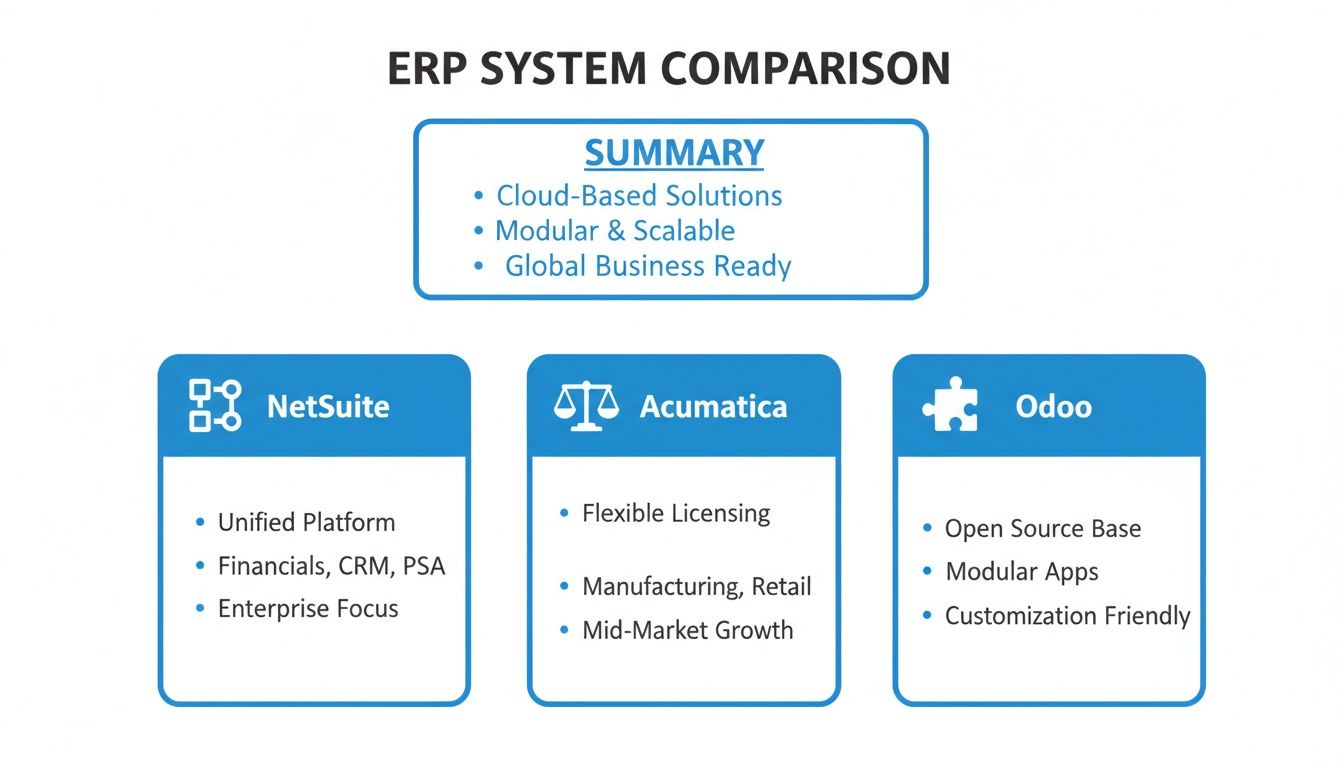 An ERP system comparison infographic detailing key features of NetSuite, Acumatica, and Odoo, highlighting cloud solutions.