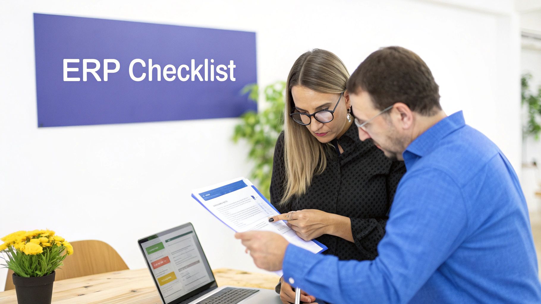 Two professionals review an ERP checklist document, collaborating in an office setting with a laptop.
