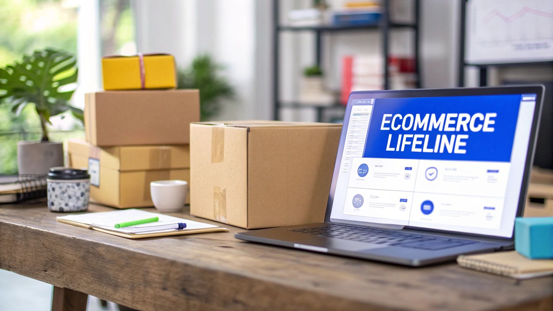 A laptop displaying &lsquo;ECOMMERCE LIFELINE&rsquo; on a wooden desk with multiple shipping boxes, indicating an online business setup.