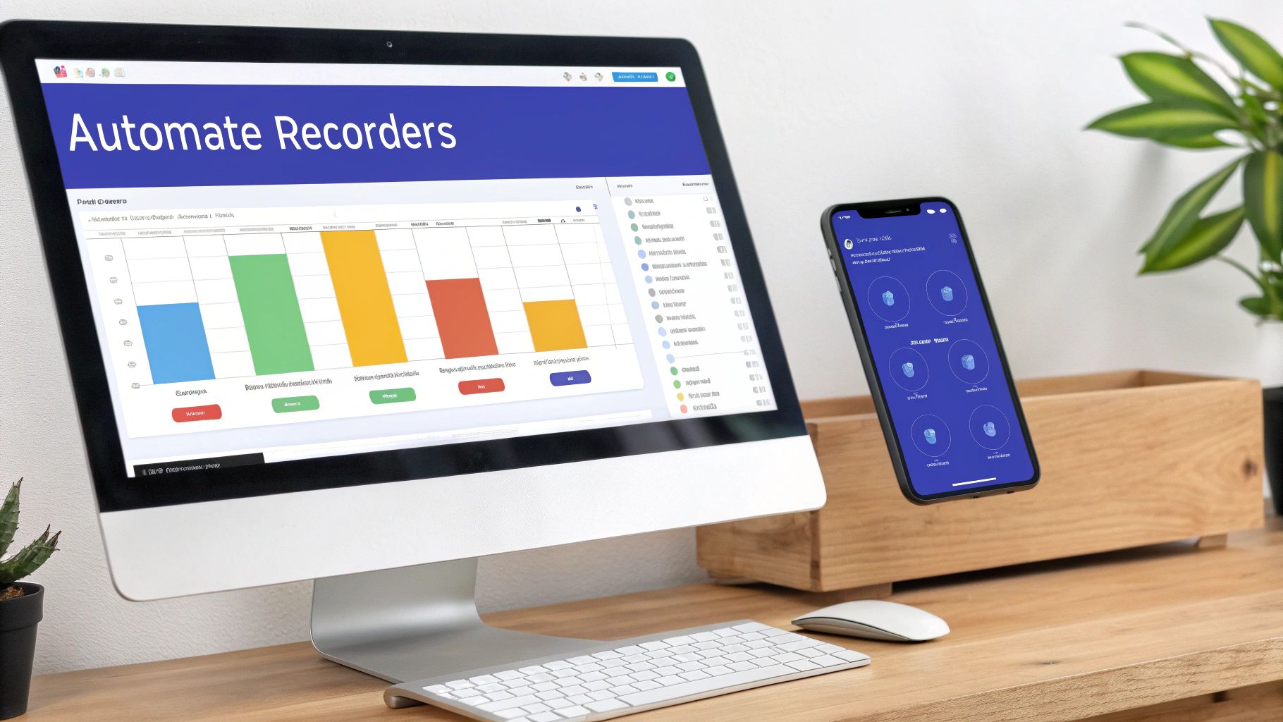A desktop computer showing &lsquo;Automate Recorders&rsquo; dashboard with a chart, beside a smartphone with an app.