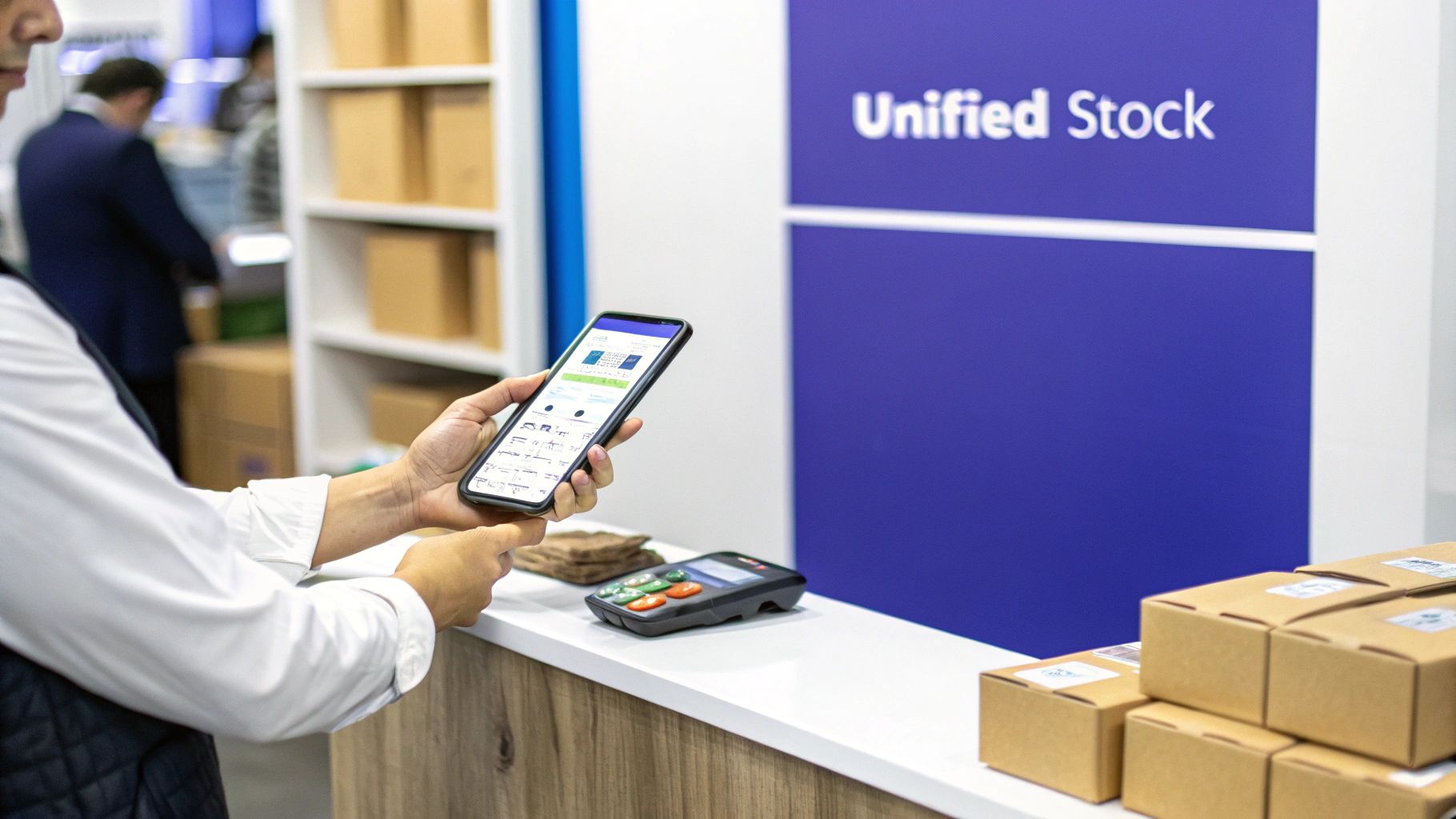A person uses a smartphone for inventory management in a warehouse, with a &lsquo;Unified Stock&rsquo; sign.