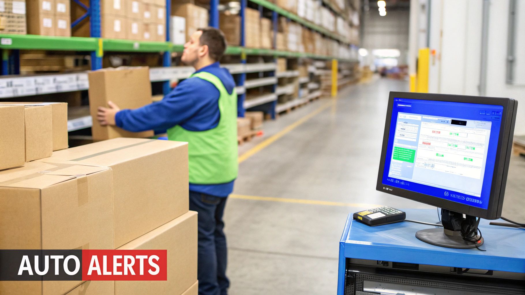 A warehouse worker moves boxes near a computer displaying inventory management software and stacked cartons.