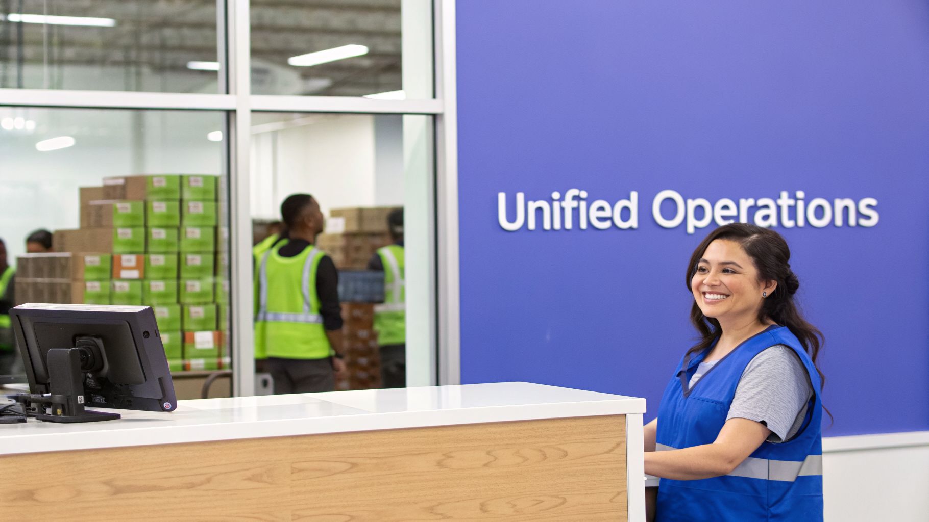 A smiling woman in a blue safety vest works at a counter in a &ldquo;Unified Operations&rdquo; center.