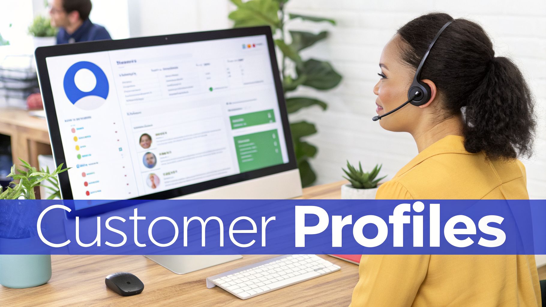 A customer service agent wearing a headset viewing customer profiles on a CRM system in an office setting.