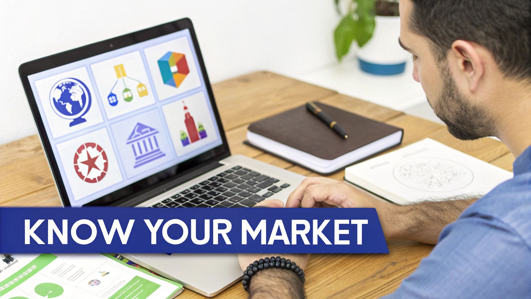 A person working on a laptop displaying market analysis icons, with a ‘KNOW YOUR MARKET’ banner.