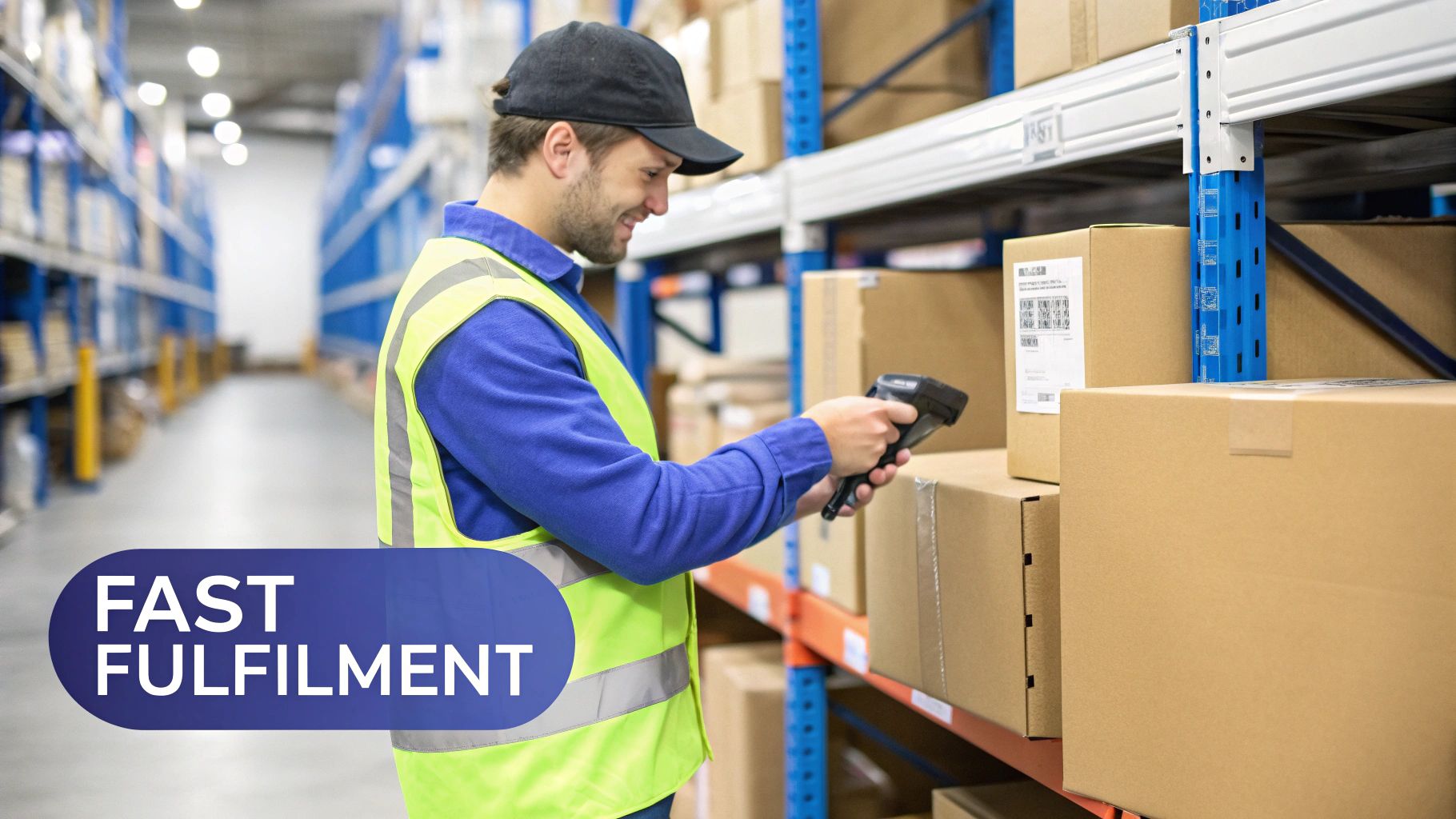 A warehouse worker scans a box with a barcode scanner, ensuring fast order fulfillment.