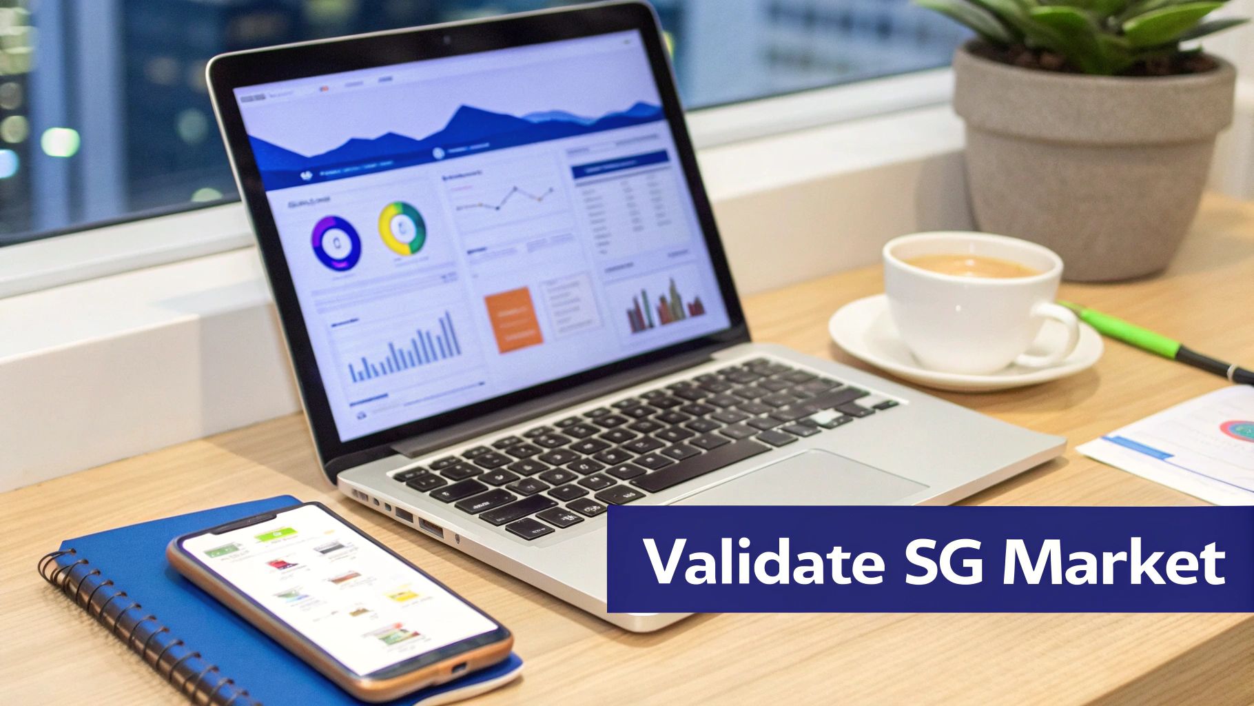 A laptop displaying data analytics charts, a smartphone, coffee, and a plant on a modern desk.