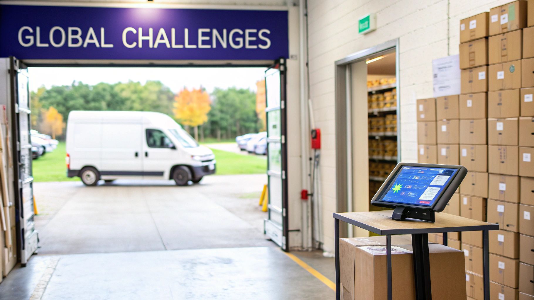 Inside a warehouse with a digital kiosk, stacked boxes, and a delivery van outside.