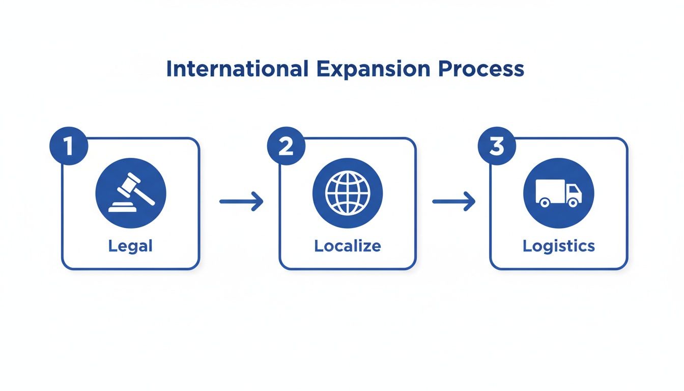 Flowchart detailing the three steps of the international expansion process: Legal, Localize, and Logistics.
