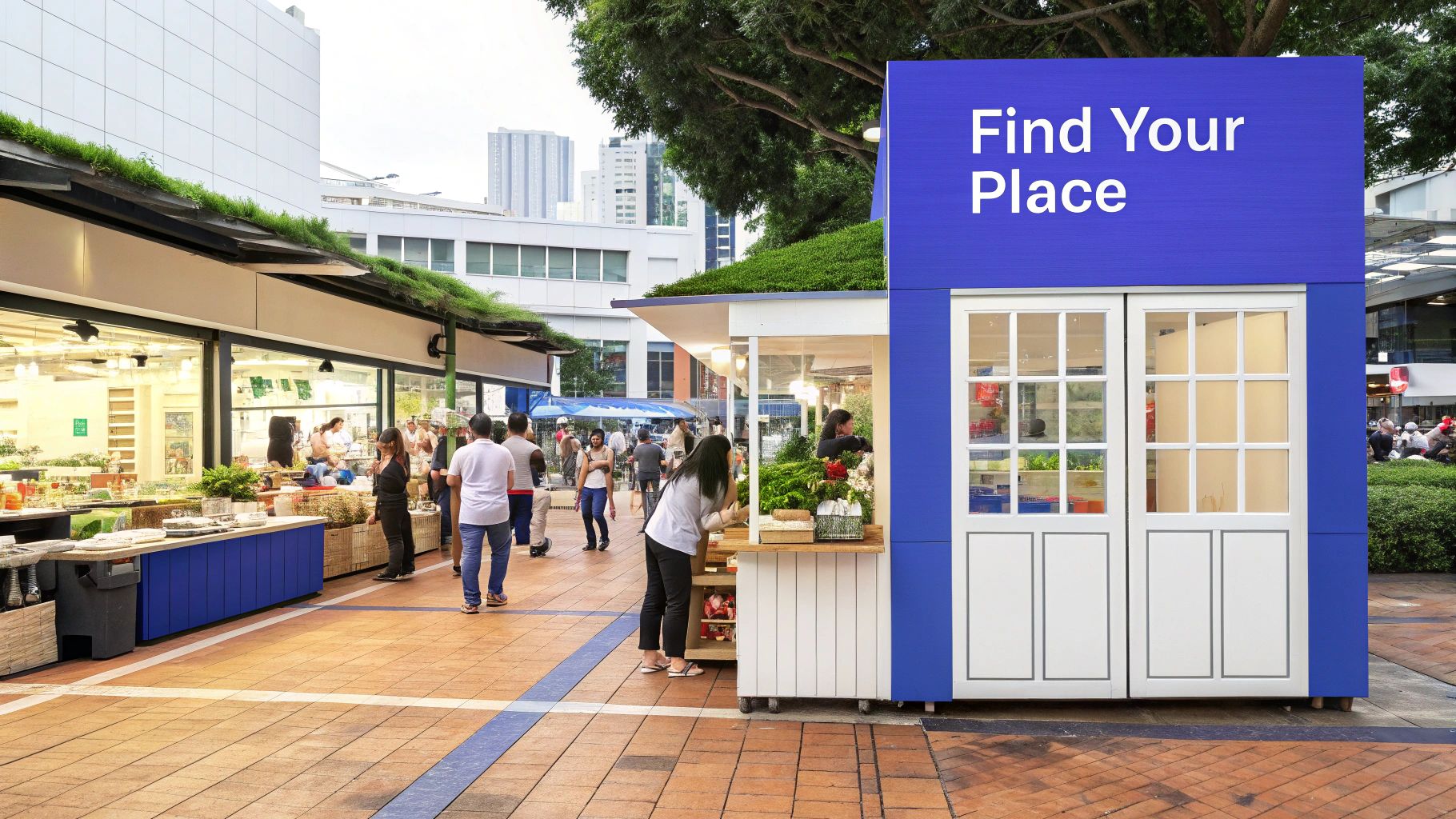 A vibrant outdoor market scene with people browsing shops and a prominent blue kiosk displaying “Find Your Place.”