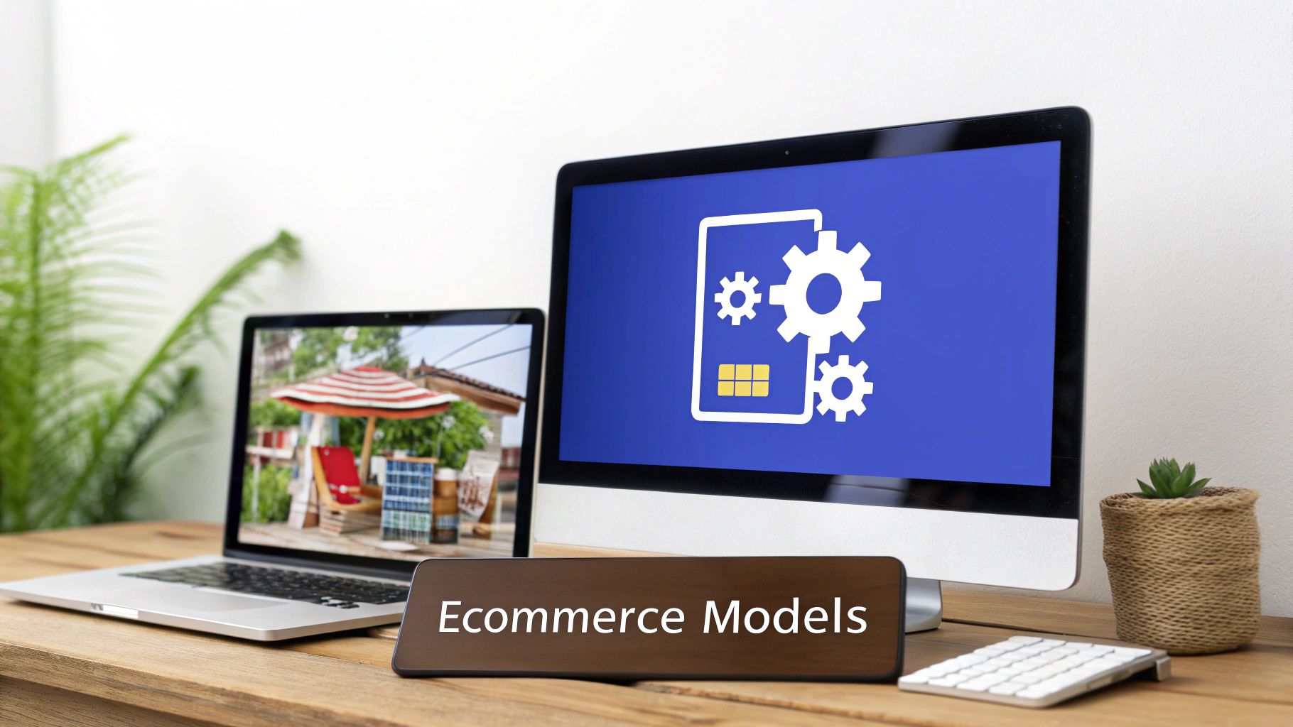 A desk setup featuring a laptop, a monitor displaying e-commerce settings, and a plaque that reads ‘Ecommerce Models’.