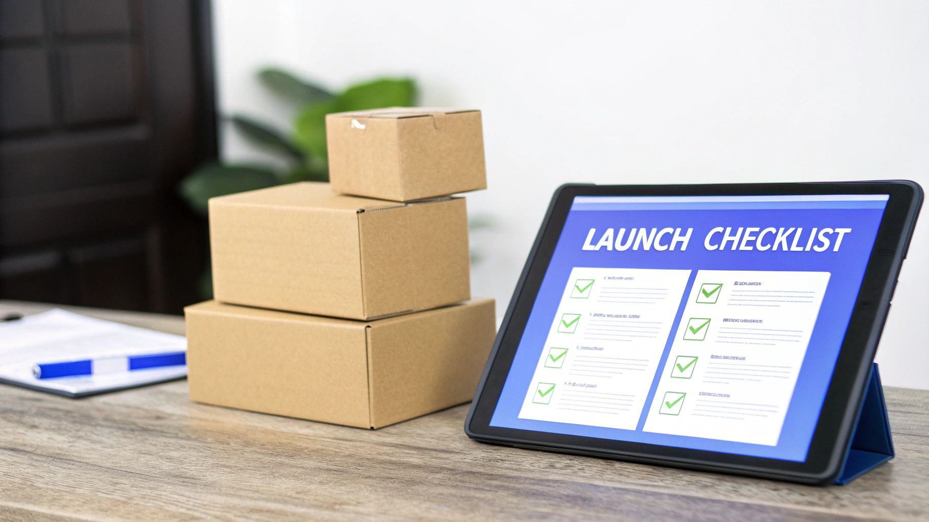 Stack of brown cardboard shipping boxes next to a tablet displaying a ‘Launch Checklist’ for e-commerce.