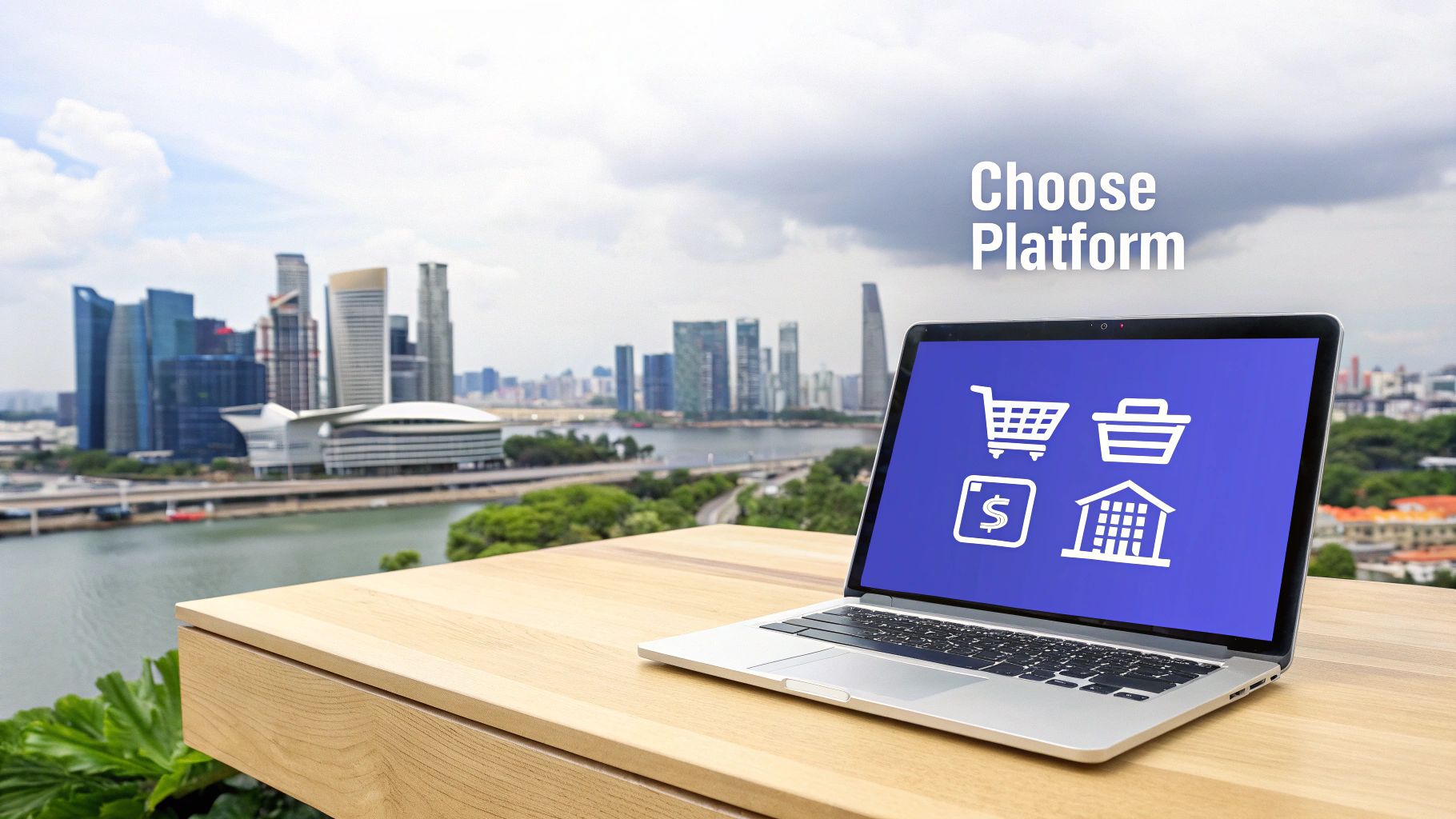 Laptop displaying e-commerce platform options, overlooking a modern city skyline and river.