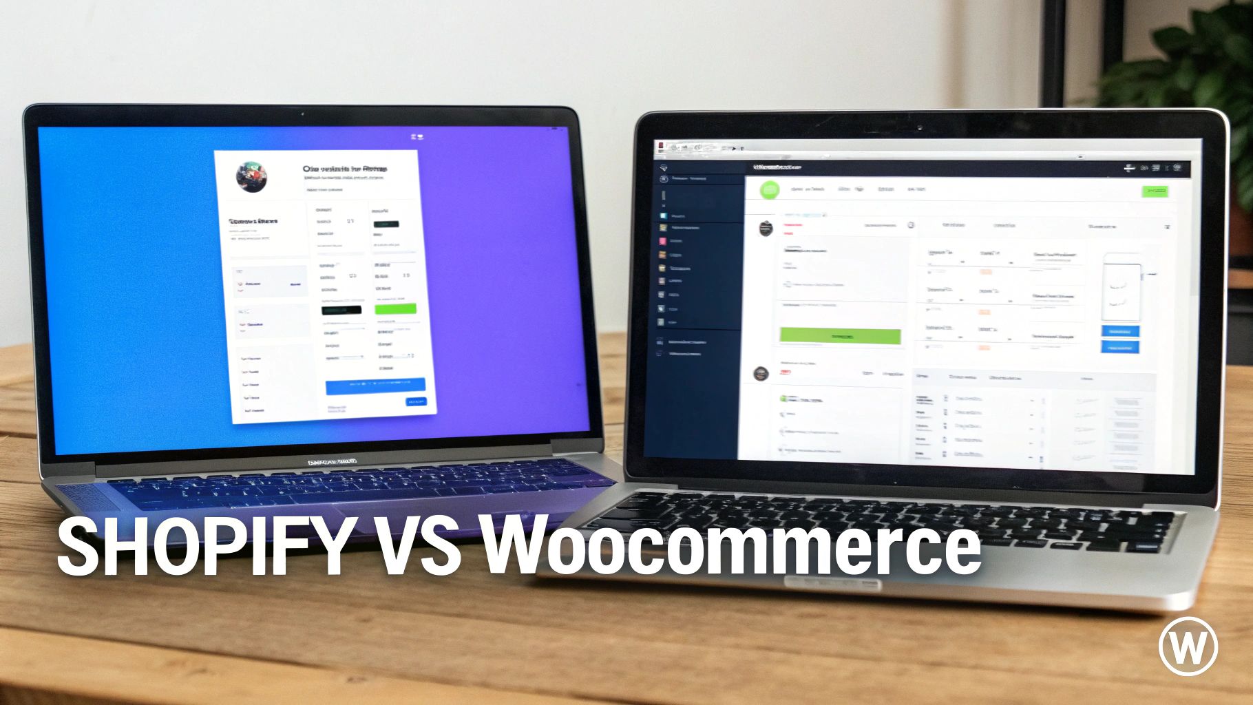 Two laptops on a wooden table, comparing Shopify and WooCommerce e-commerce platform interfaces.