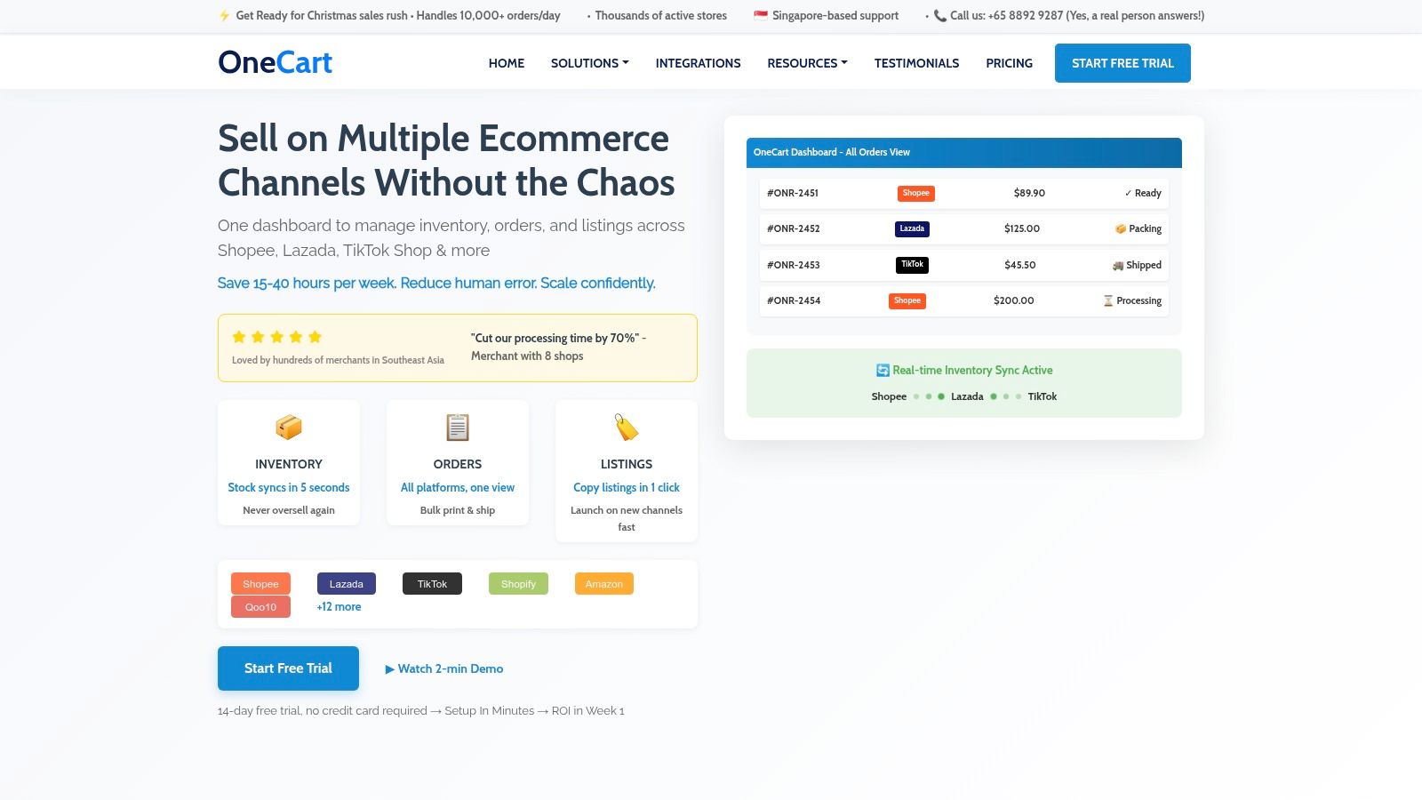 OneCart dashboard showing multi-channel order management features, illustrating an ERP system example for e-commerce