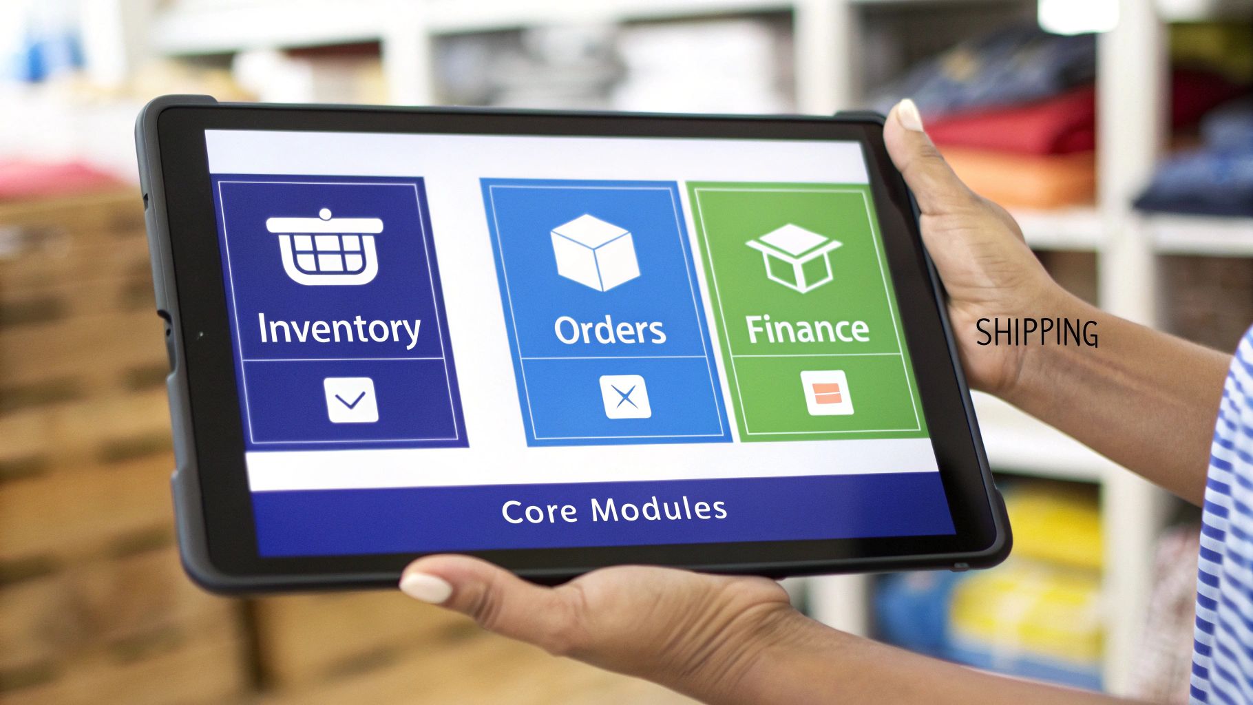 A person holds a tablet displaying an ERP interface with modules for Inventory, Orders, and Finance.