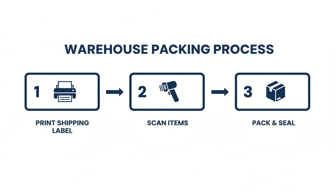 A three-step diagram illustrating the warehouse packing process: print shipping label, scan items, and pack & seal.