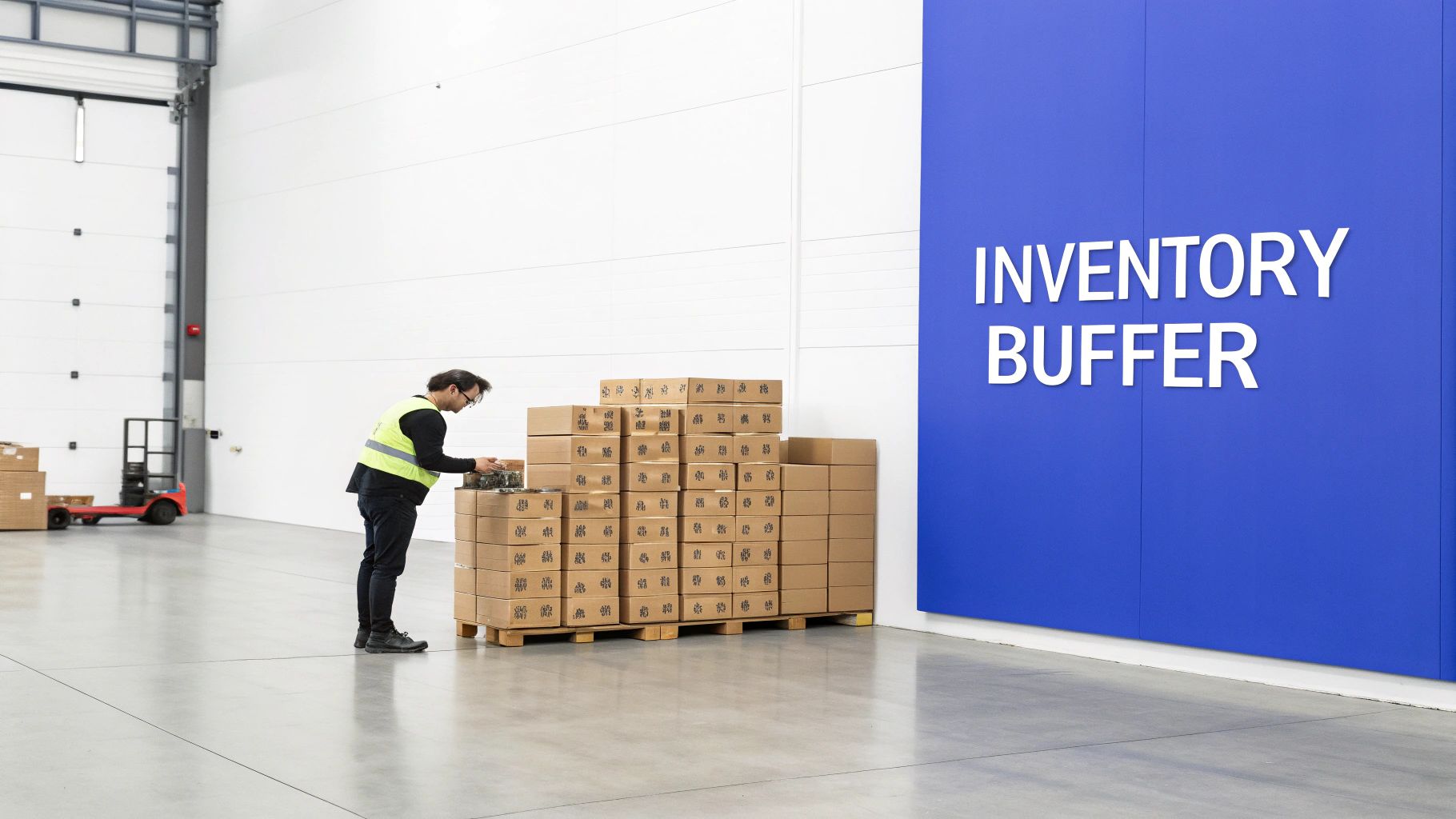 A worker in a safety vest organizes cardboard boxes on pallets in a clean warehouse.