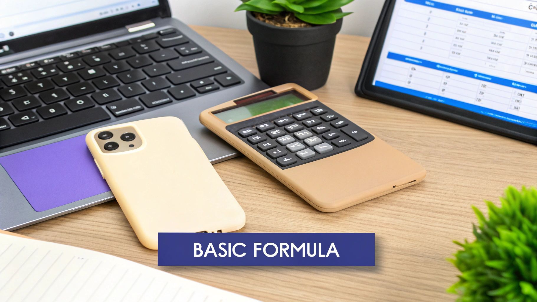 A top-down view of an office desk with a laptop, calculator, smartphone, and tablet showing data.