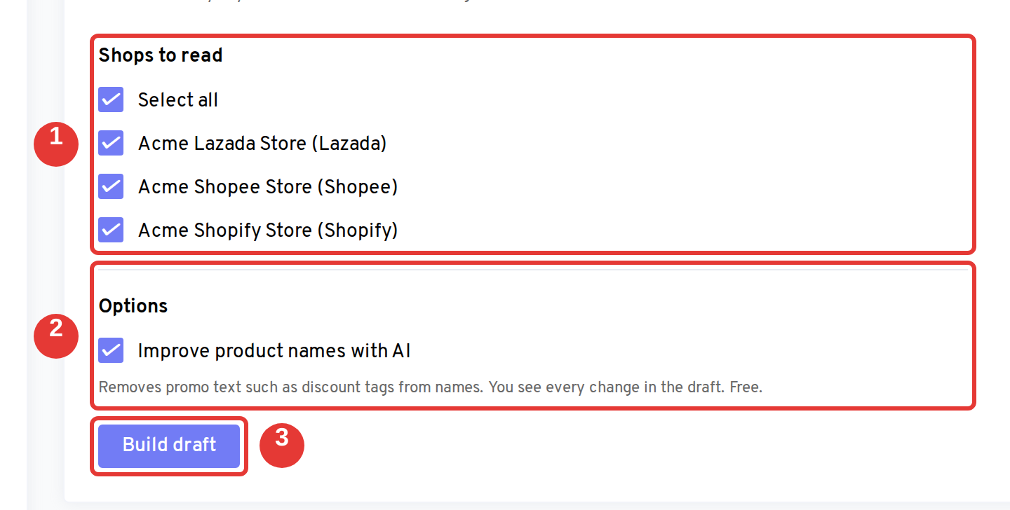 Shops to read, then a separate Options section with the AI name option