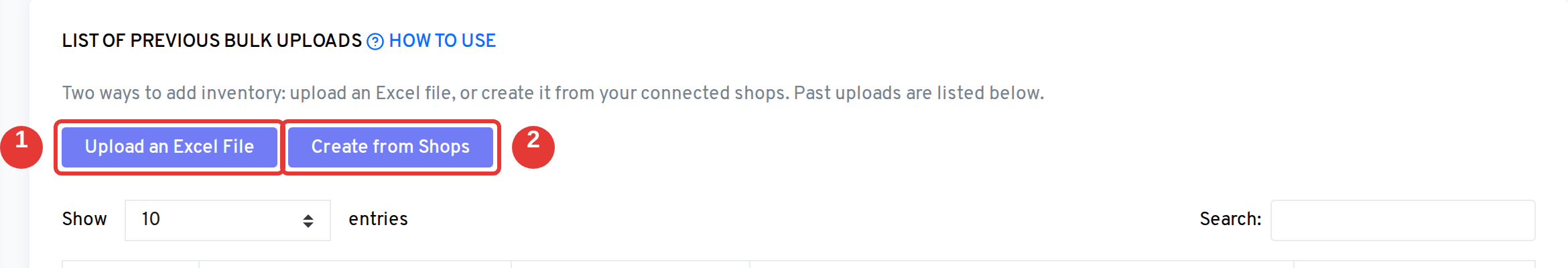 The Bulk Uploads page: Upload an Excel File, then Create from Shops