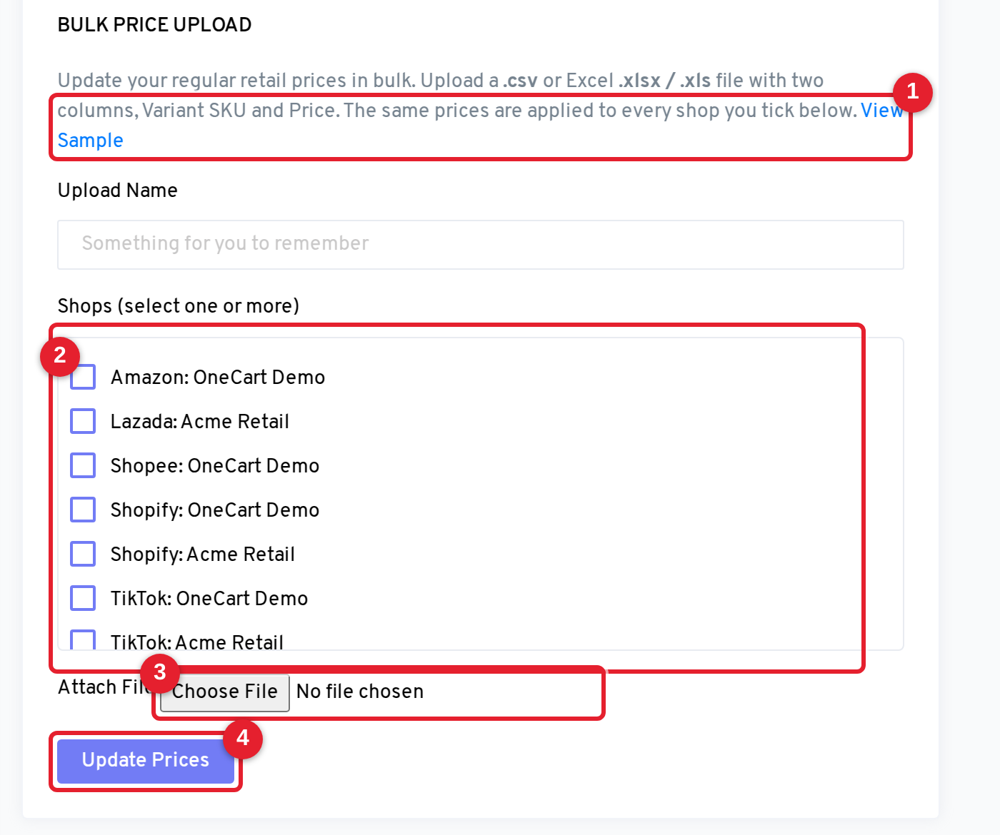 New Bulk Price Upload form, with the View Sample link, shop picker, file field, and Update Prices button marked