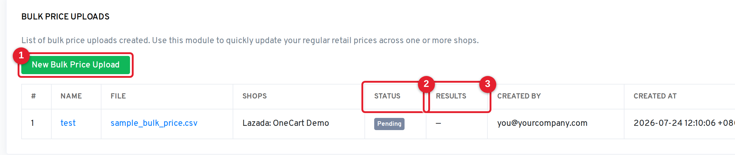 Bulk Price Uploads list, with the New Bulk Price Upload button, Status column, and Results column marked