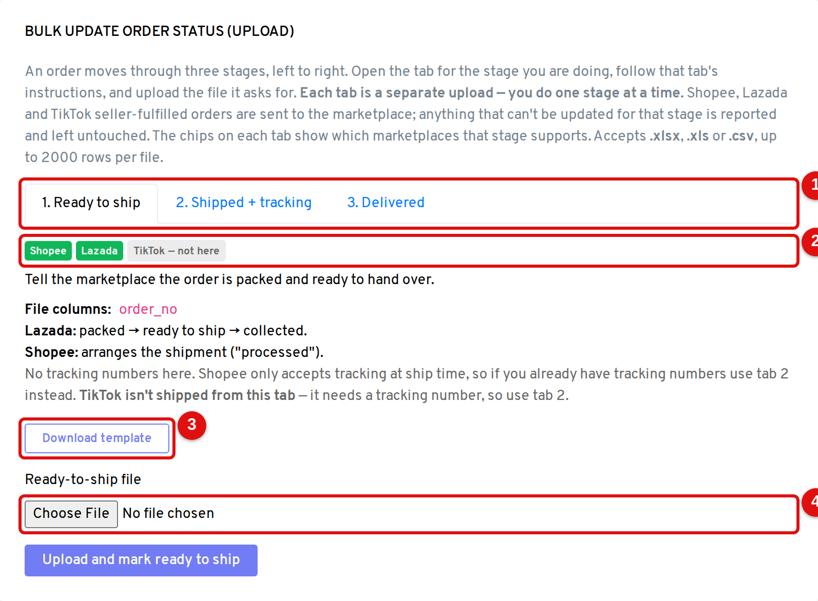 The Bulk Update Order Status page, showing the stage tabs, the per-platform chips, the Download template button, and the file upload.