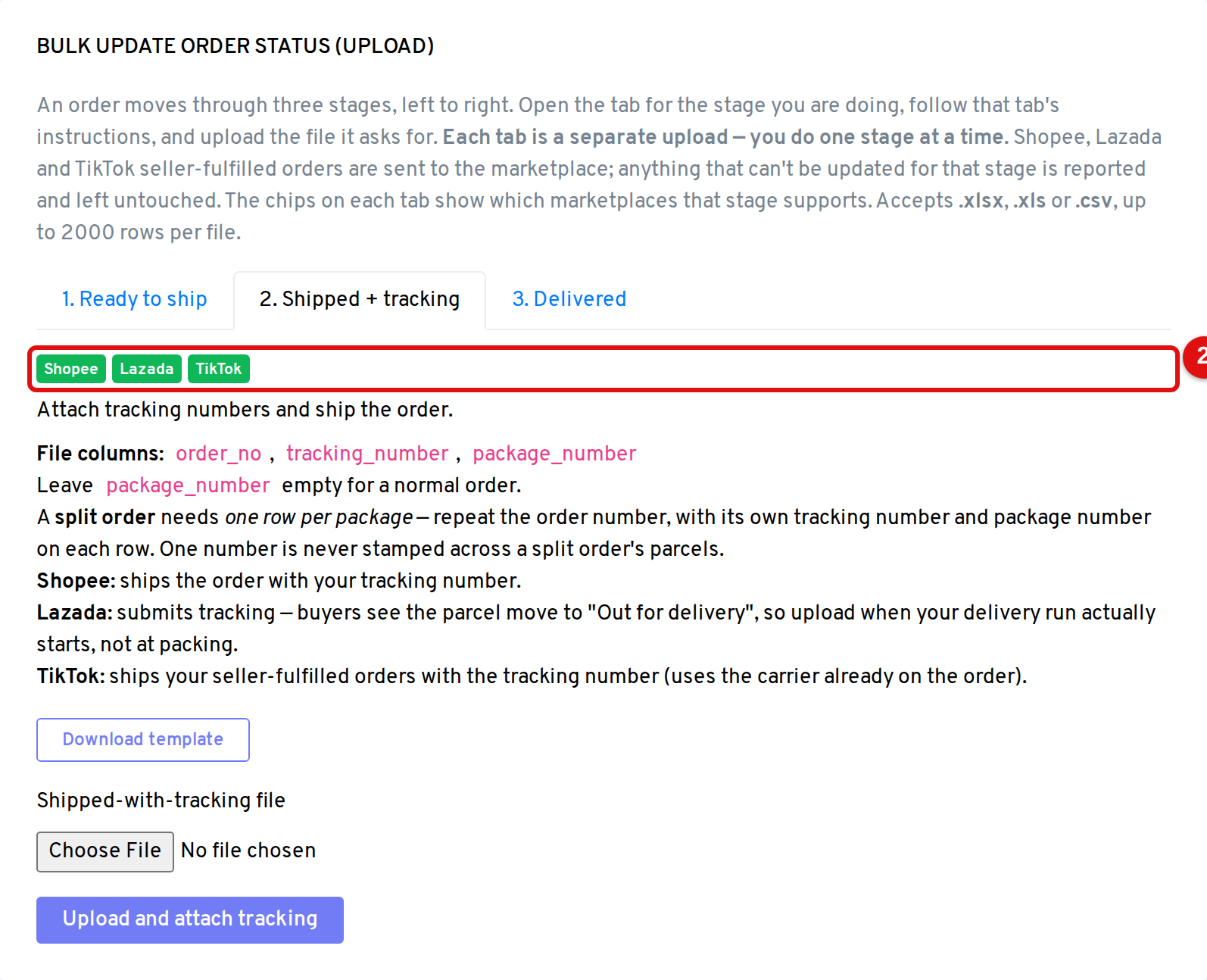Stage 2 (Shipped + tracking) showing Shopee, Lazada, and TikTok all supported, with the order_no, tracking_number, and package_number columns.