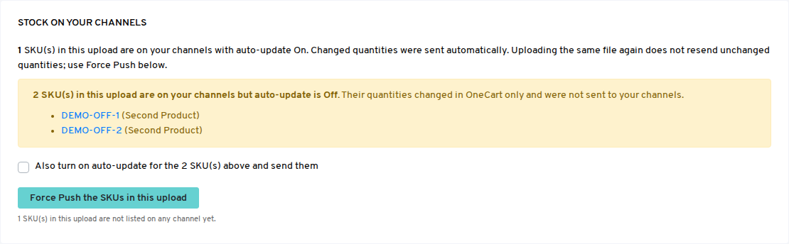 The Stock on your channels box on a bulk upload, listing SKUs with auto-update Off