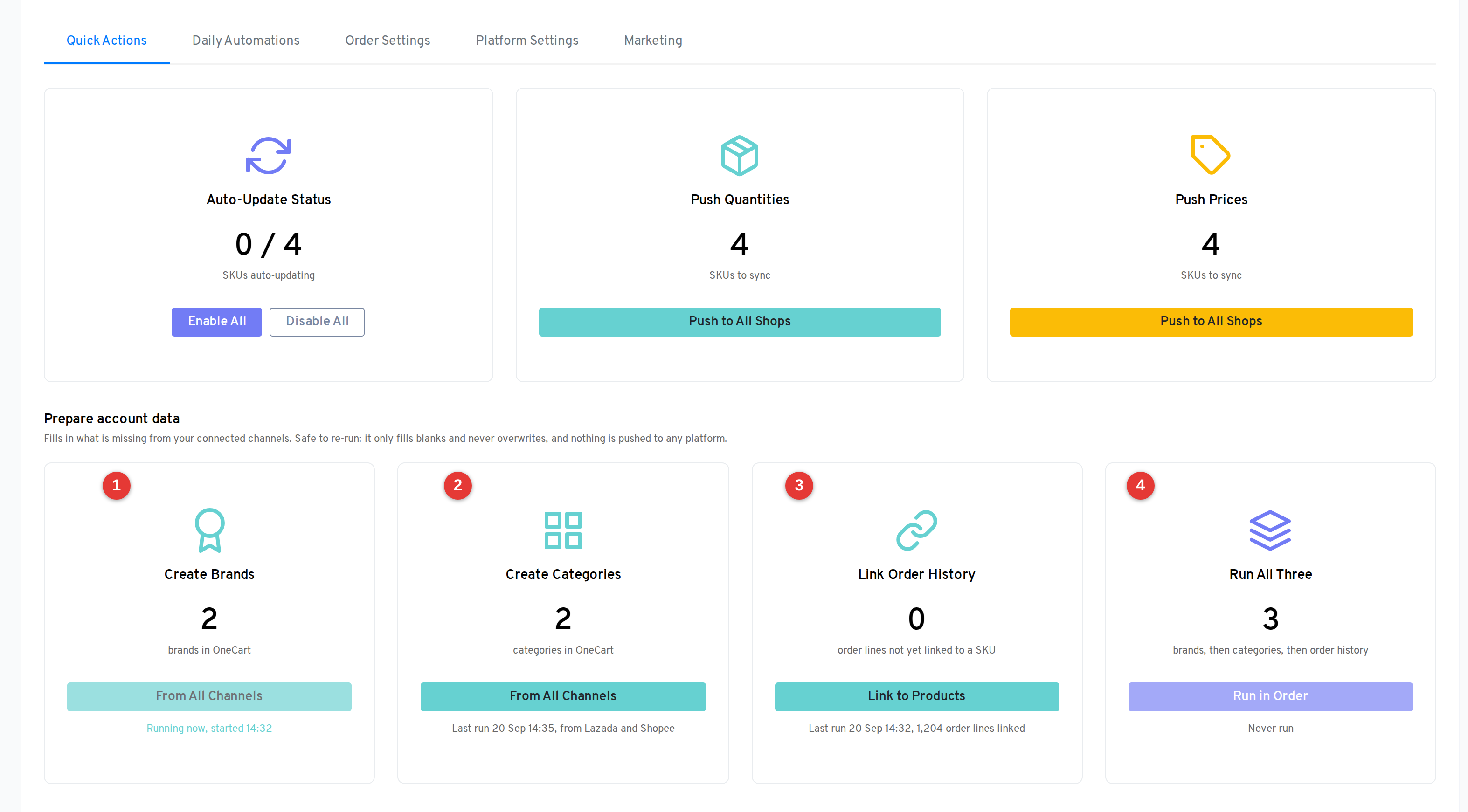 The Prepare account data row on the Automations page, Quick Actions tab: four cards named Create Brands, Create Categories, Link Order History and Run All Three, each with a count, a button and a state line.