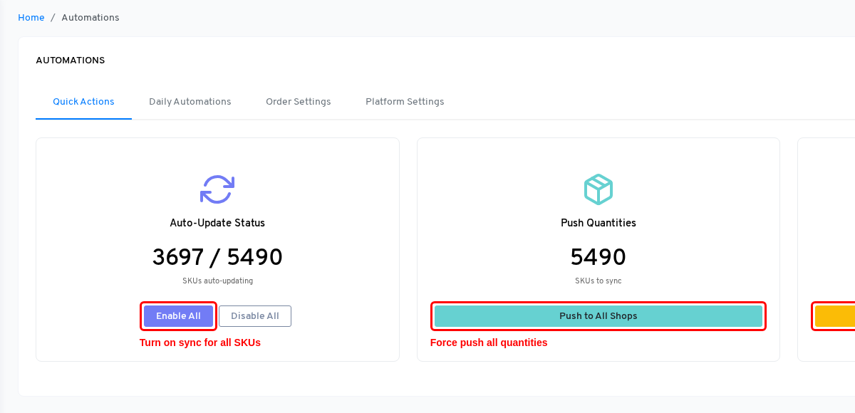Automations page showing the Enable All button and Push to All Shops button