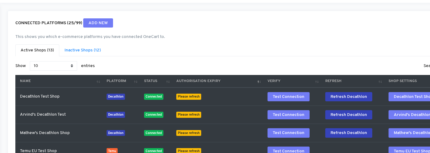 Platform Connections page showing connection status and expiry warnings