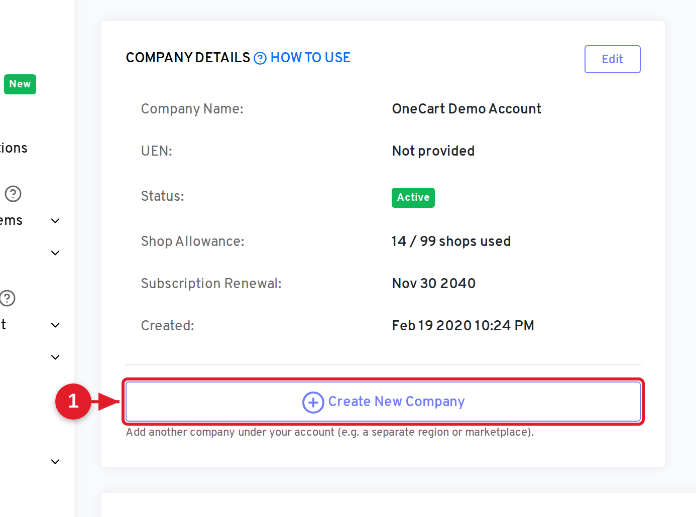 Create New Company button on the My Company page