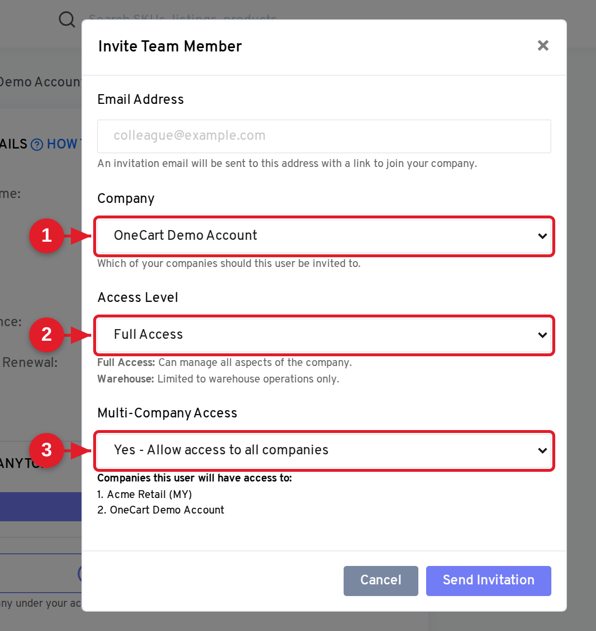 Invite Team Member modal with Company selector and Multi-Company Access