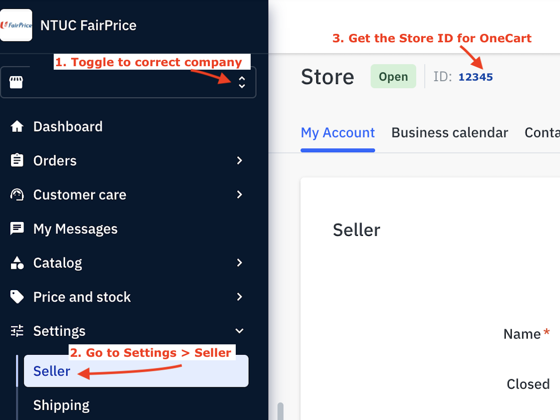 Finding your NTUC FairPrice Store ID in the seller centre
