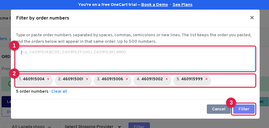 The Filter by order numbers modal with pasted order numbers turned into numbered pills