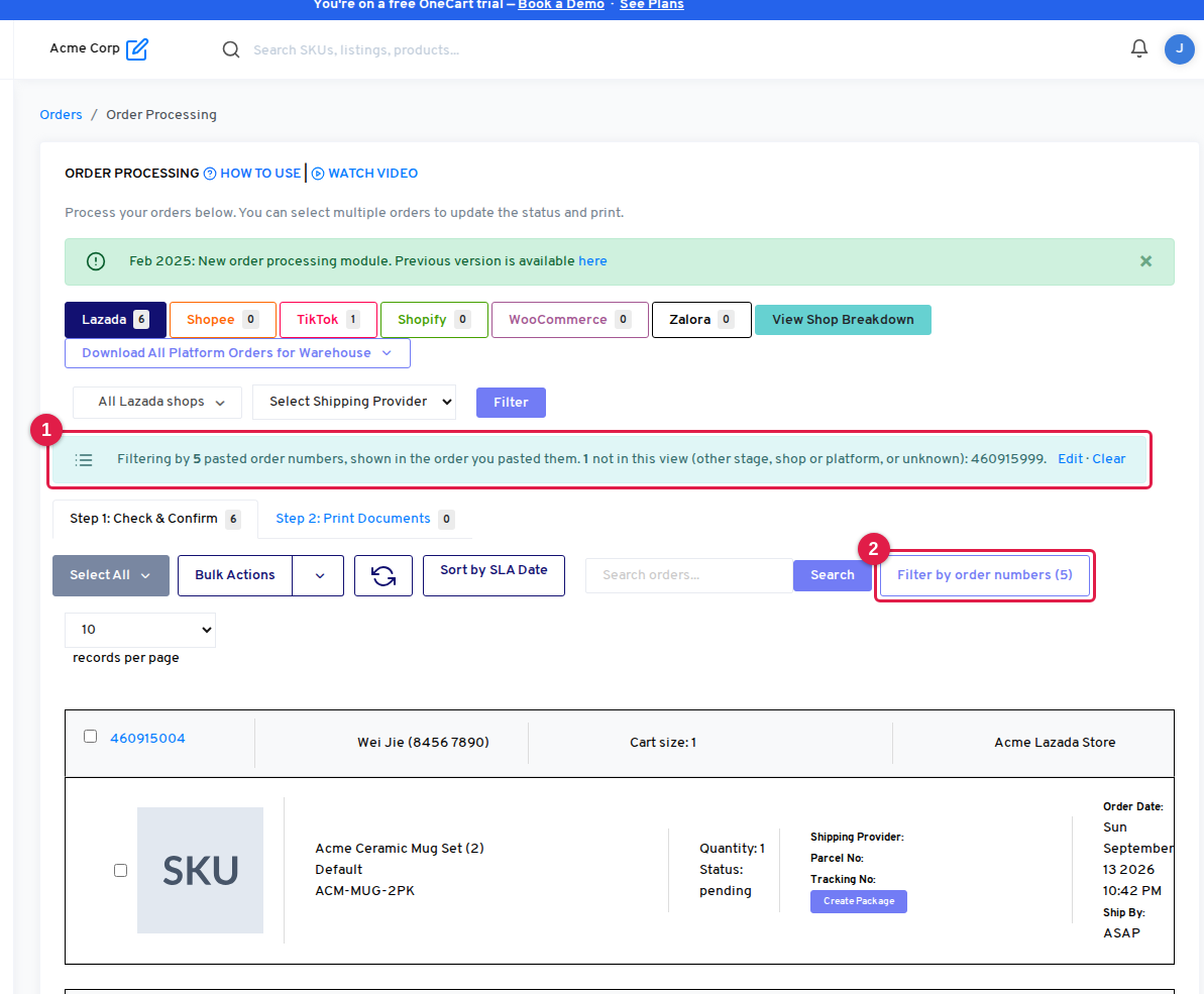 Order Processing filtered to the pasted orders, with the banner listing numbers not found
